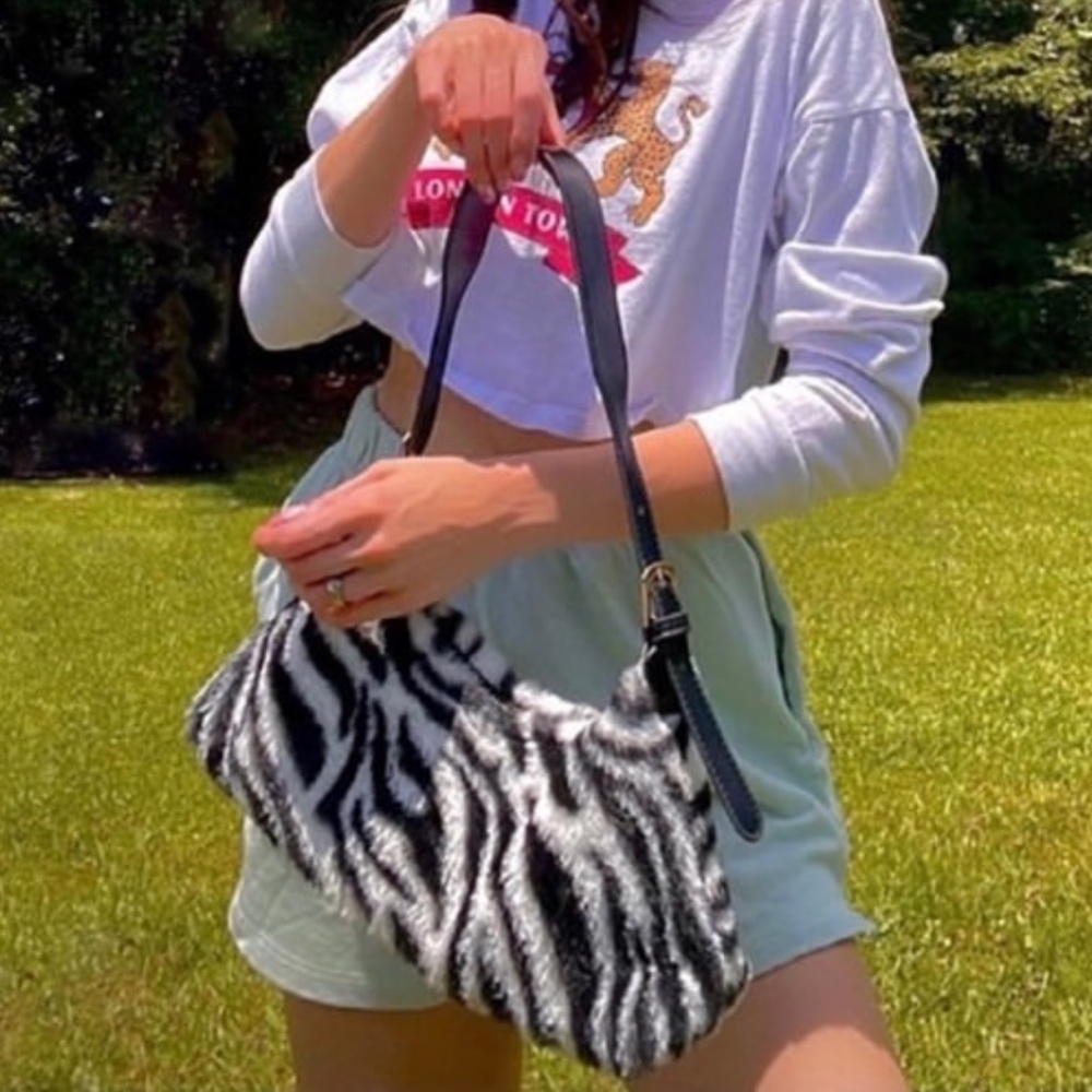 Zebra Print Faux Fur Baguette Shoulder Bag